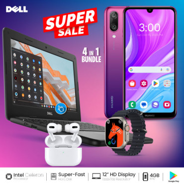4 In 1 Combo Limited Offer, Huawei Y7Pro, 4GB, 128 GB,Dual Sim, Dual Cam,6.26 Inch, Dell Chromebook, 4GB Ram, Play Store, 360° Touchscreen, With I7 Plus Smart Watch, Ear 3 Wireless Bluetooth Dual Earpods, DL100